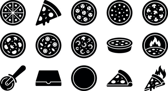 Blackandwhite pizza food icons with various toppings and slices
