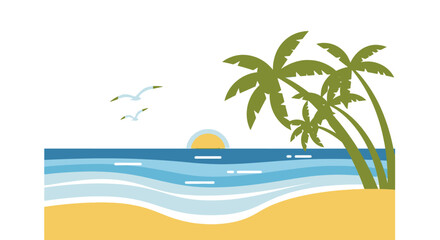 Obraz premium Coastal Paradise: Palm Trees, Sun, Ocean, Beach, Birds, and Tranquility