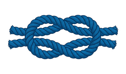 A realistic vector illustration of a thick blue rope tied into a strong knot isolated on a solid white background. The rope features twisted fiber texture, clean braided details, and smooth curved loo © MDRahul