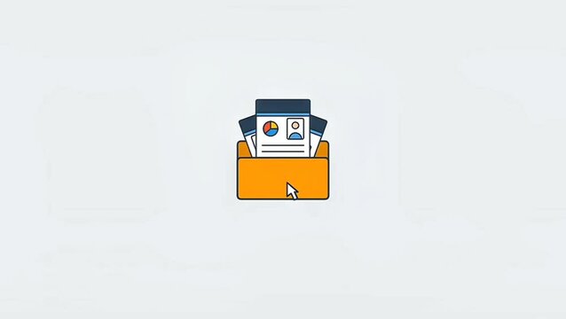 2D animated orange folder opening to reveal business documents with charts and profile icons. High-quality motion graphic for data management, filing systems, and corporate report concepts.