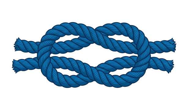 A realistic vector illustration of a thick blue rope tied into a strong knot isolated on a solid white background. The rope features twisted fiber texture, clean braided details, and smooth curved loo