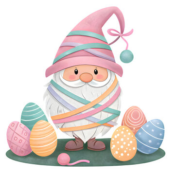 Cute easter gnome with striped beard and festive eggs on grass for spring holiday