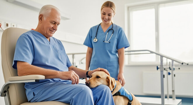 Elderly man in medical recovery sitting with a service dog and a smiling nurse in a hospital rehabilitation center