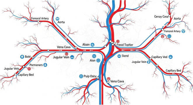 Diagram of human circulatory system with arteries and veins.