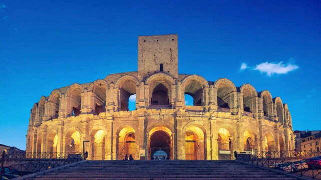 The Roman amphitheater in Arles, France, on a clear day. This iconic UNESCO World Heritage site is a masterpiece of Roman engineering, perfect for travel concepts.