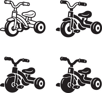 featuring outline and black versions of a three wheeled bicycle for children toddlers and young kids tricycle icon set vector