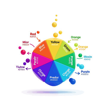 Abstract Color Wheel Chart with Floating Spheres and Hex Codes.