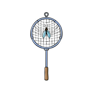Hand-drawn illustration of a fly caught in a net, isolated on white.