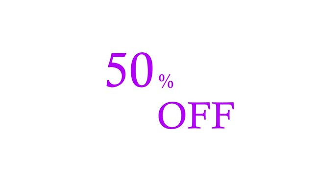 Vibrant purple text displaying fifty percent off fifty percent off with a percentage symbol and the word off in a classic serif font against a bright white background signifying a promotional sale