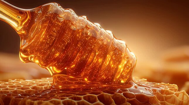 Golden honey dripping from honeycomb dipper.