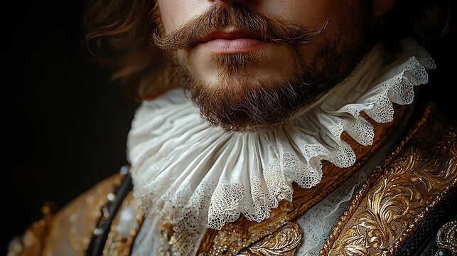 Close up of a man's face showing mustache beard and elaborate historical lace ruff collar