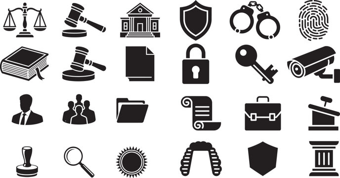 Modern minimal legal justice government and security related icons set in solid style on white