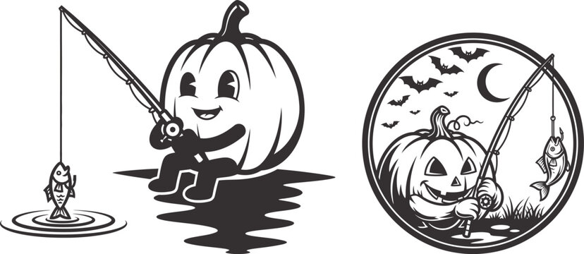 Halloween fishing skeleton pumpkin character fishing illustration