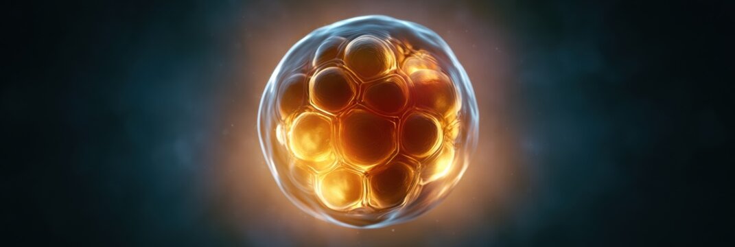 Early blastocyst shows individual blastomere cells with tight junctions under microscope in clinical lighting on dark background for IVF research.