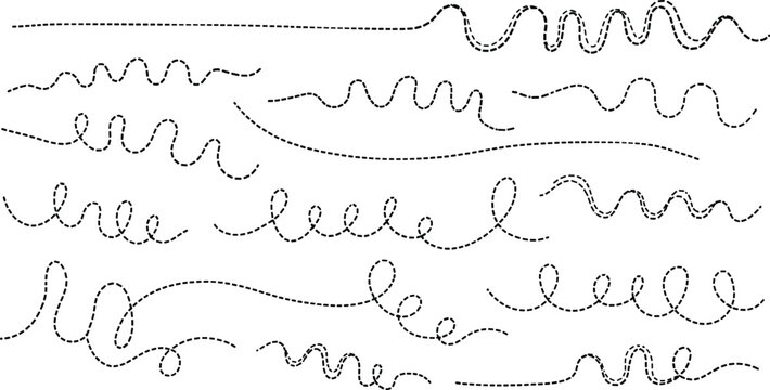 Black dashed line patterns collection, curved loops, waves, spirals, abstract rhythm textures, decorative design elements vector illustration artwork