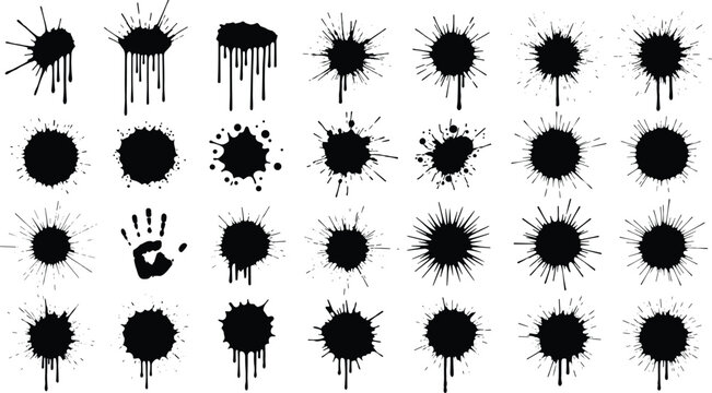 Black ink splatter collection with handprint shape, random organic textures, artistic grunge design elements flat vector illustration