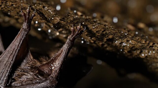 The nocturnal creature's furry feet grasp onto a rough, textured branch, showcasing its delicate claws and the intricate webbing of its hindlimbs during its daytime rest in its natural, dimly
