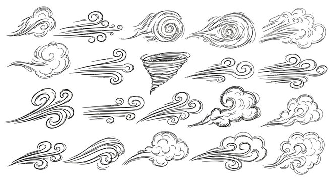 Minimalist hand drawn wind motion sketch set. Abstract breeze doodle collection with swirling air flow currents and atmospheric puff gust strokes for creative graphic design elements.