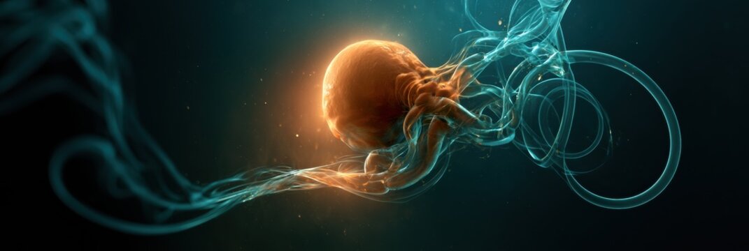 A human fetus at 28 weeks floats in glowing amniotic fluid with an umbilical cord spiraling outward in a cosmic setting.