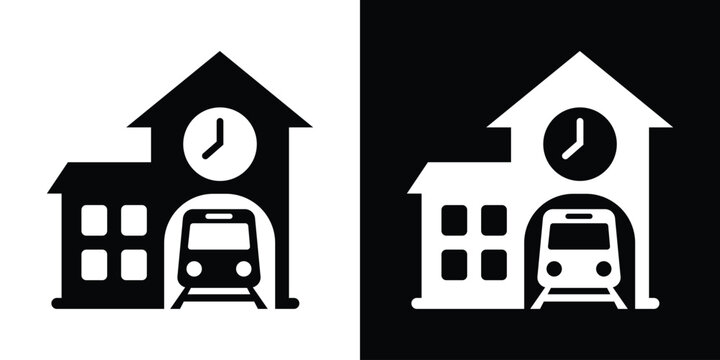 Railway station building icon featuring a large clock and a train arriving at the terminal. Vector illustration representing scheduled public transportation and transit hubs.