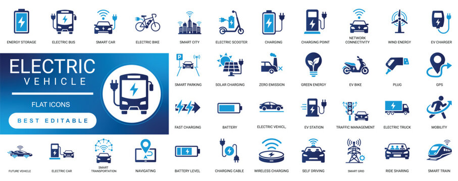 electric vehicle icon set. smart, transport, solar, ev, charging, navigation, battery, eco, plug, mobility, station, car, scooter. editable vector solid glyph illustration.