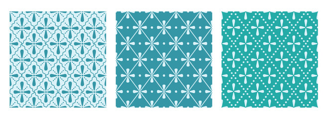 Seamless geometric floral patterns set. Blue and teal retro abstract background texture © Yaryna