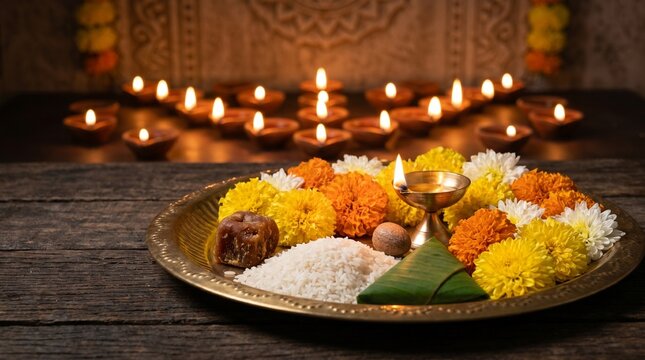 Hindu Bonalu festival ritual offering with rice and flowers on a brass thali plate against blurred oil lamps