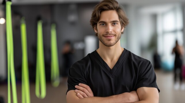 A strong physiotherapist stands at the forefront of a lively therapy clinic. With a warm smile and crossed arms, he radiates confidence, prepared to guide clients through their recovery journey