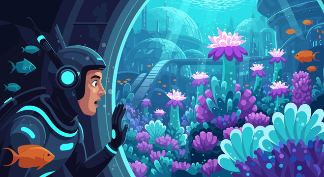 scuba diver exploring underwater city with coral reef