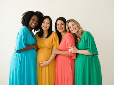 Diverse Pregnant Women Together Smiling Motherhood, Pregnancy, and Expecting Mothers, Simple Design Happy expression