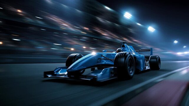 Night neon formula car speeds past blurred city lights, blue livery shimmering, purple exhaust flare, cinematic motion blur, wet asphalt reflections,
