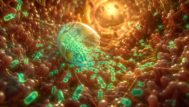Image depicts vibrant representation of gut microbiota, showcasing various microorganisms interacting within biological environment. This visual