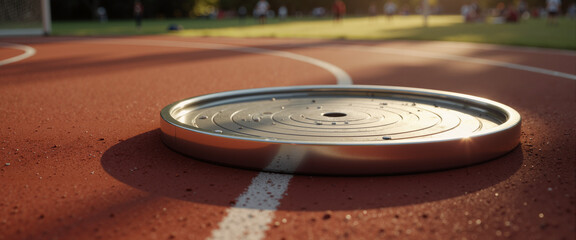 Discus resting on dusty throwing circle on athletic track field 