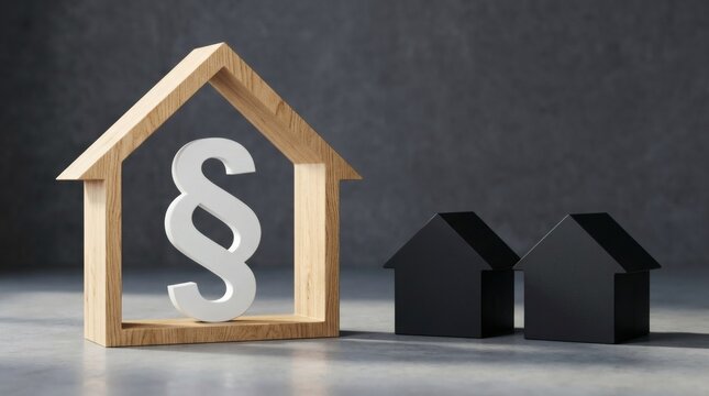 Legal Symbol Inside Wooden House with Miniature Black Houses on Gray Surface.