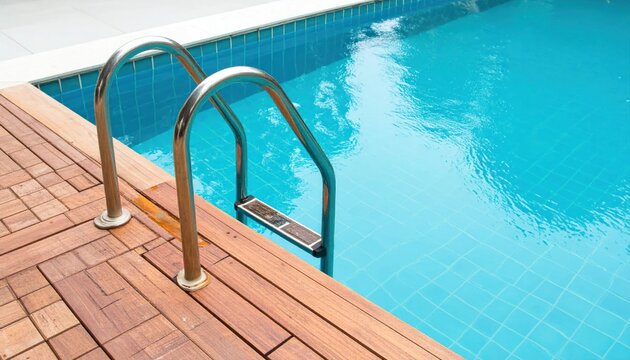 Clean refreshing blue swimming pool with shiny stainless steel ladder and warm wooden deck on a sunny day inviting for a dip