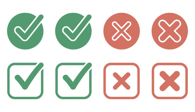 Checkmark and cross icon set, yes and no symbols, correct and wrong indicators, success and failure status icons, approval and rejection vector illustration.