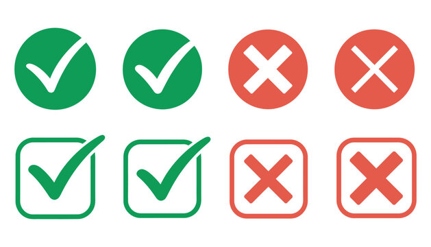 Checkmark and cross icon set, yes and no symbols, correct and wrong indicators, success and failure status icons, approval and rejection vector illustration.