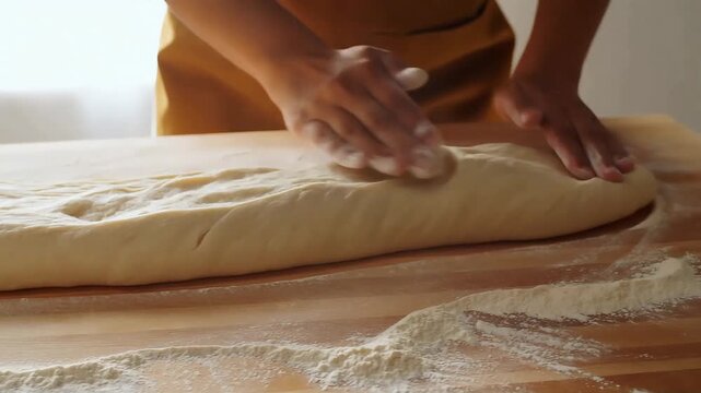 top down medium closeup of two hands kneading bread dough on floured wooden surface