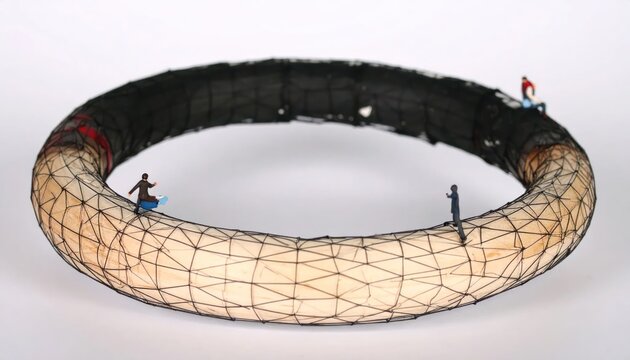 Conceptual shot of tiny figures on a large ring symbolizing transformation and challenge moving from a light open structure to a dark dense section on an endless loop.
