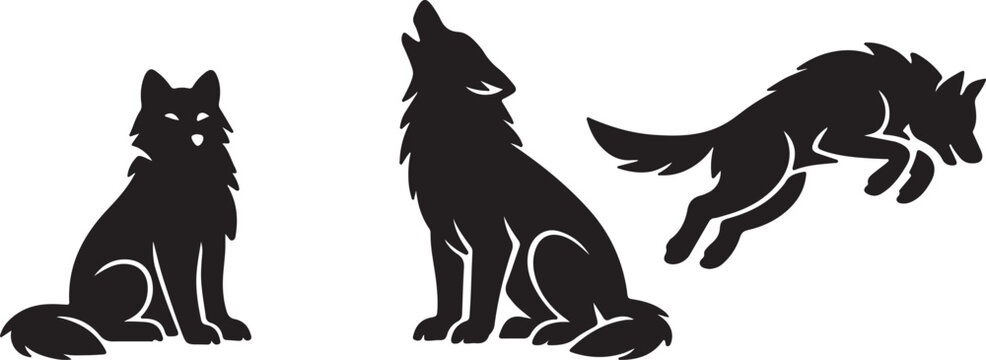 Wolf Silhouette Collection With Sitting Howling And Jumping Poses Vector