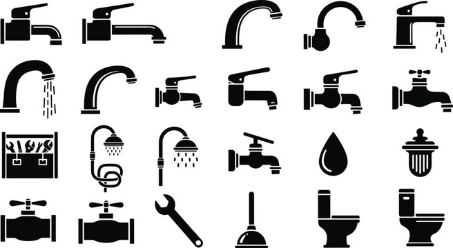 Plumbing and Sanitary Fixture Silhouette Icon Set Featuring Faucets Showers Toilets Pipes and Water Supply Tools