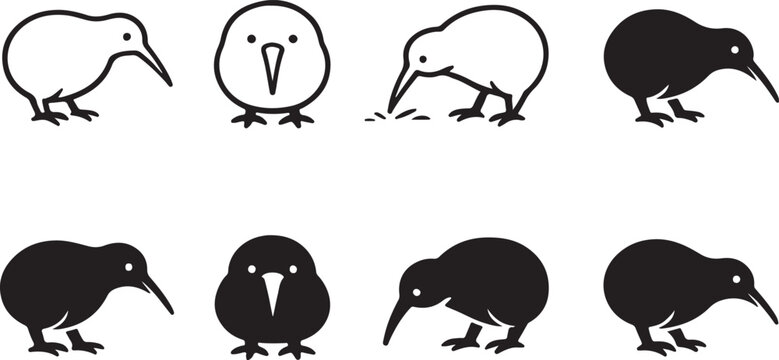 Kiwi bird icon set featuring minimalist outline and solid silhouette designs representing New Zealand wildlife vector