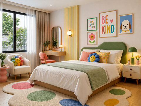 A modern-style guest room decorated with playful design elements, featuring strikingly colorful throw pillows.