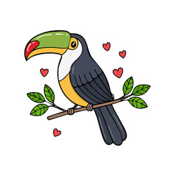 Fototapeta premium Cute cartoon toucan bird with large beak perched on a branch with leaves and hearts