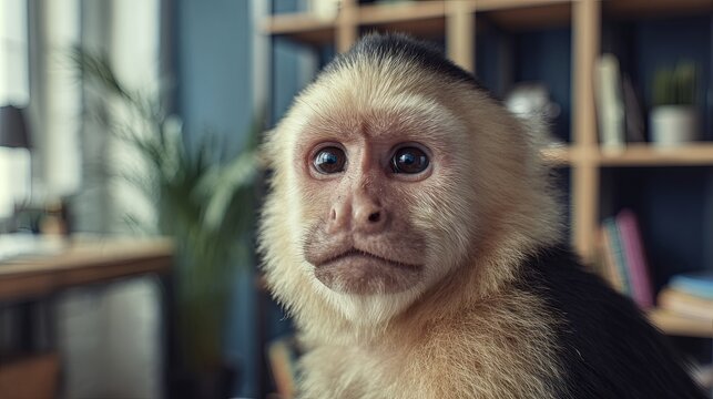 Capuchin monkey exploring a stylish modern apartment, surrounded by contemporary furniture and a bright, comfortable interior.