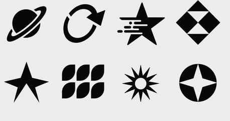 Collection of black minimalist geometric icons including Saturn planet circular arrow fast star diamond leaves sun and sparkling circle shape symbols. © ALBART