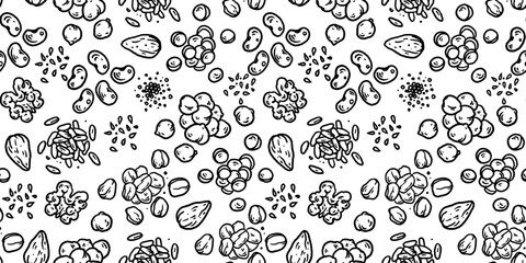 Fototapeta premium High fiber food seamless pattern. Sketch doodles . Whimsical food doodles, Hand drawn vector illustration for menu, packaging design. Simple sketch style. Top view.