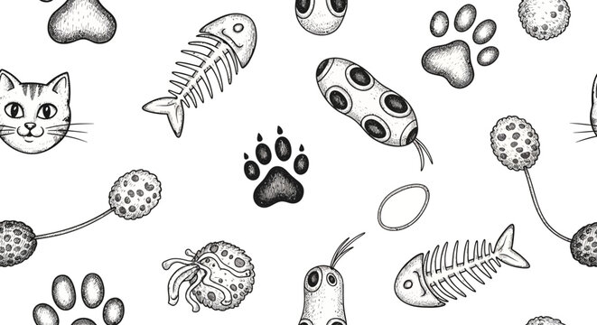 Seamless Hand Drawn Sketch Pattern Featuring Cute Kitty Cat Footprint Toy Elements and Doodle Illustrations on Isolated White Background for Fabric Textile or Wallpaper Design Graphic