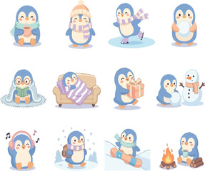 Fototapeta premium cute winter penguin character set with snow sports and cozy home activities