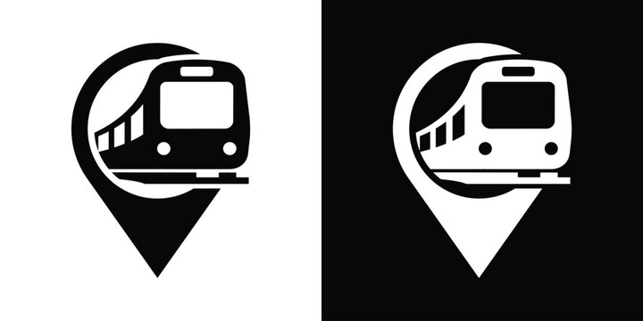 Train locomotive icon combined with a location pin symbol. Modern vector graphic depicting a railway station location, travel destination, or GPS transit tracking.